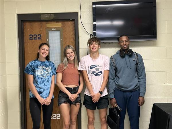 3A OVAC Winners; Left to right: Sienna Mckeever-long jump; Jenna Blain-100m hurdles, 200m dash, 300m hurdles; Landon Davis-3200m; & Dubale Greathouse-high jump.